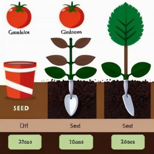 Расцветающий томатный саженец в темной земле, окруженный садовыми инструментами и разноцветными семенами.