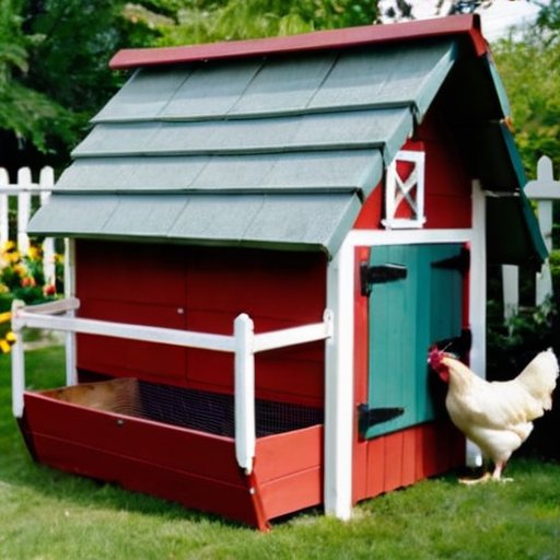 Курятник в солнечном саду с деревянной конструкцией, окнами и огороженным двором.