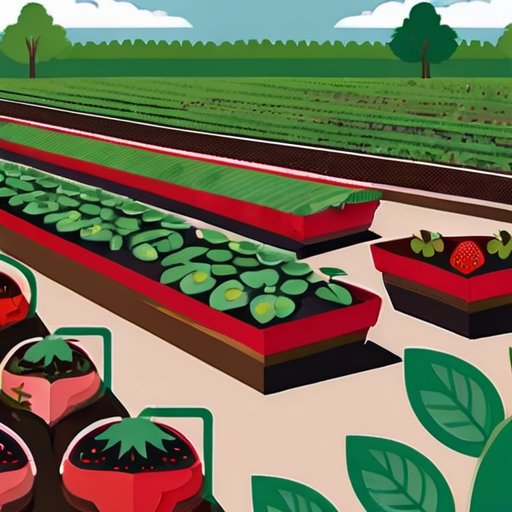 Яркое поле клубники с здоровыми растениями и спелыми ягодами, ухоженной почвой и инструментами для ухода.