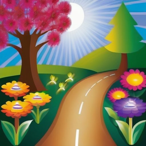 Сердечный сад, символизирующий личностный рост и счастье, с яркими цветами, солнечными лучами и спокойным потоком.