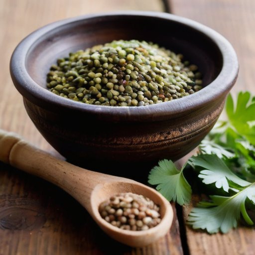 Деревянный стол с семенами кориандра, свежими листьями, ступкой и открытой книгой рецептов.