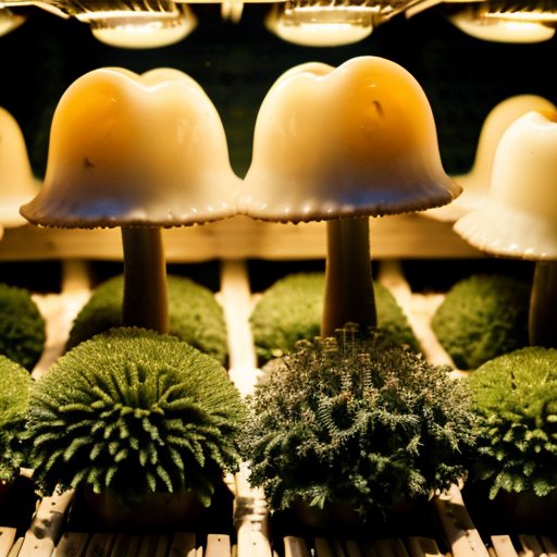 Яркая грибная ферма с аккуратными рядами грибных грядок и различными стадиями роста грибов.