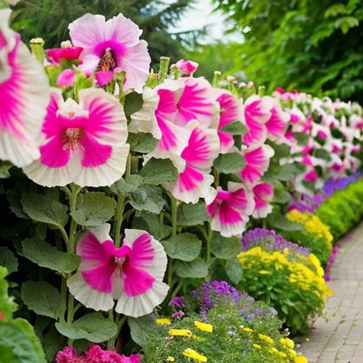 Цветущий сад с яркими шток-розами разных цветов на фоне зелени и голубого неба.