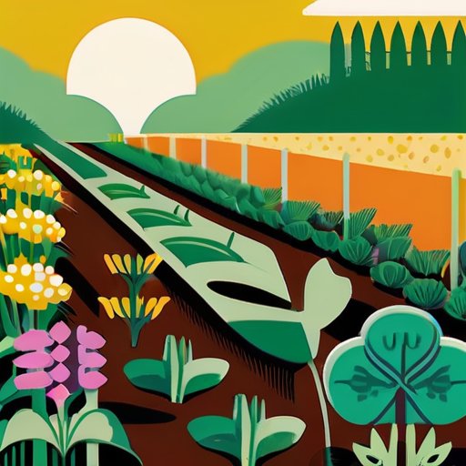 Сад с зелеными покровными культурами, здоровой почвой и инструментами для ухода.