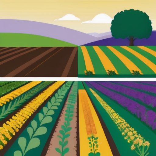 Зеленое поле с секциями различных покровных культур: горчица, фацелия, люпин, с яркими цветами и текстурами. На заднем плане здоровый слой почвы с переплетенными кор