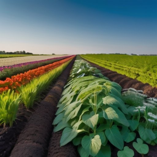 Пышный сад с зелеными удобрениями: клевер, вика и рожь на плодородной почве под ясным небом.