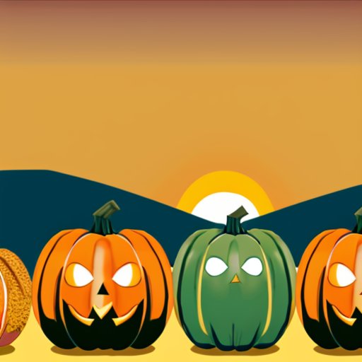 Яркий тыквенный участок с разными формами, размерами и цветами тыкв на фоне солнечного осеннего пейзажа.