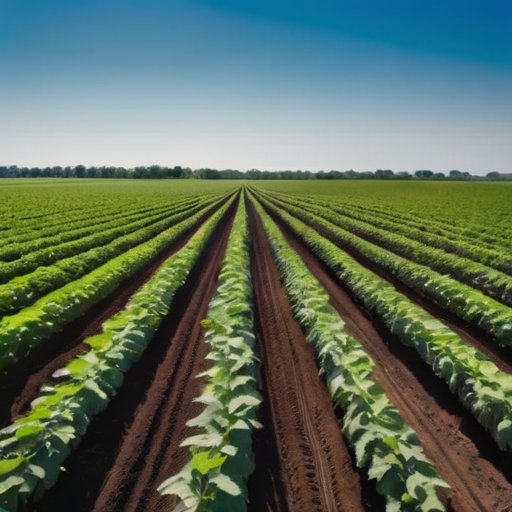Сочные соевые поля с зелеными растениями в ряд, на фоне ясного неба и коричневой почвы.
