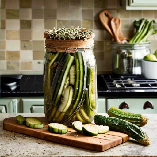 Рустикальная кухня с огурцами, специями и банкой с солеными огурцами.