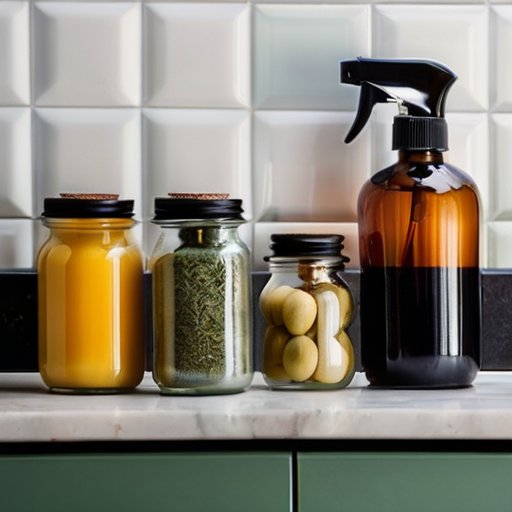 Уютная кухня с органайзером, домашние освежители воздуха в стеклянных бутылках, натуральные ингредиенты и свежие травы.