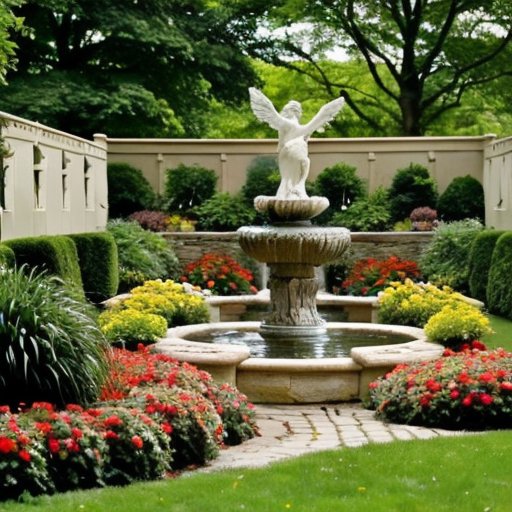 Красивый альпийский рок-сад с многоуровневыми камнями, цветущими растениями и декоративным фонтаном.