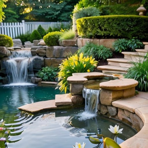 Спокойный пруд в саду с водными растениями и водопадом.