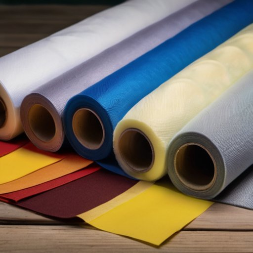 Рулон спанбонда на деревянном столе с инструментами и образцами тканей в современном производственном помещении.