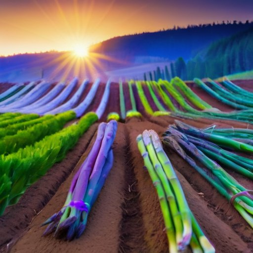 Яркое поле спаржи с зелеными, белыми и фиолетовыми побегами на фоне голубого неба и холмов.