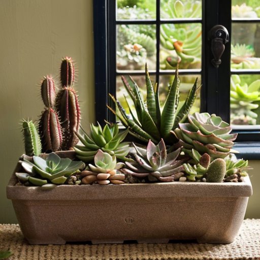 Красивая композиция из суккулентов в декоративных горшках на фоне уютного интерьера.