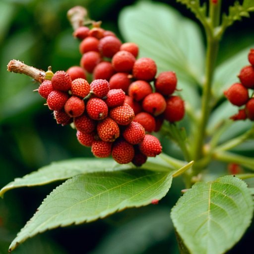 Яркий куст сумаха с красными ягодами, окружённый специями и травами.