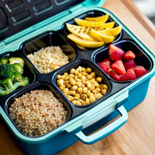 Сцена подготовки сбалансированного питания с курицей, брокколи, киноа и фруктами, акцент на здоровье и фитнес.