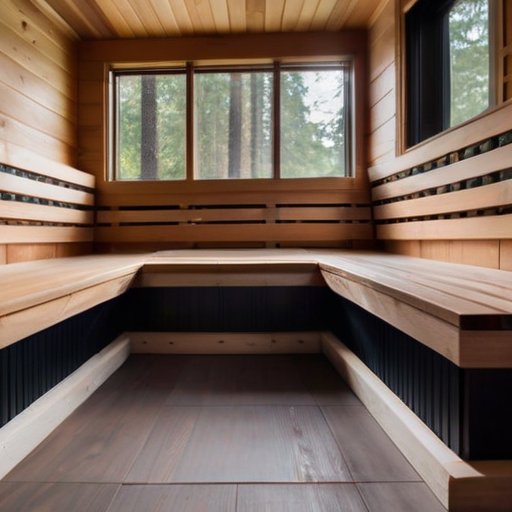 Уютный интерьер сауны с деревянными скамьями, ароматными стенами из кедра и теплым плиточным полом.