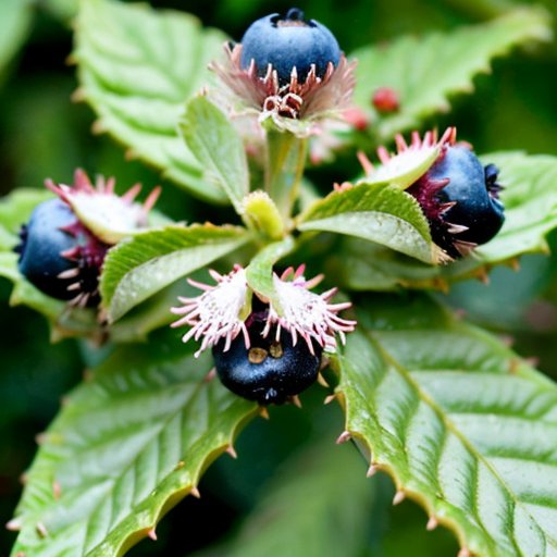 Шиповник с яркими синими ягодами на фоне деревянного забора и зелени.