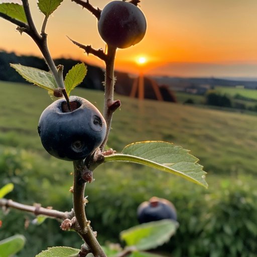 Шиповник с темно-синими ягодами на фоне солнечного луга с традиционными блюдами.
