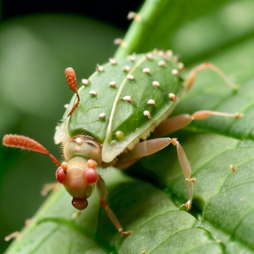 Близкий план тли на зеленом листе с признаками стресса растения.