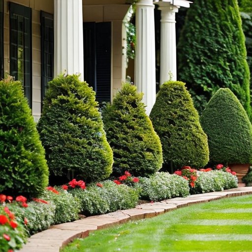 Элегантный топиарий с кустами в форме спиралей, сфер и животных на зелёном ландшафте с камнями и дорожками.