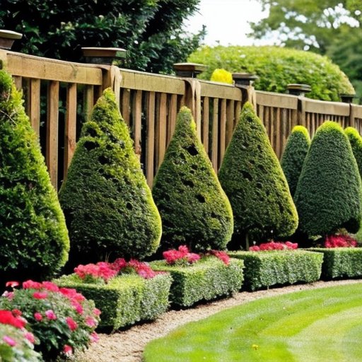 Сад топиари с уникальными формами, солнечная обстановка и каменная дорожка.