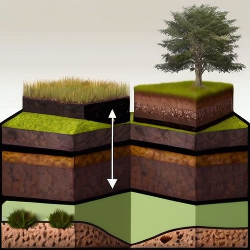 Срез торфяника с различными слоями торфа: низинный, переходный и raised. Окружен мхом и кустарниками.