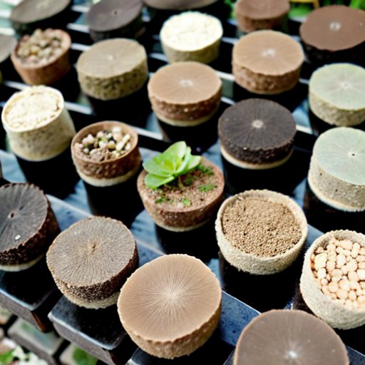 Упорядоченные торфяные таблетки, часть из которых увлажнена, на фоне природного сада.