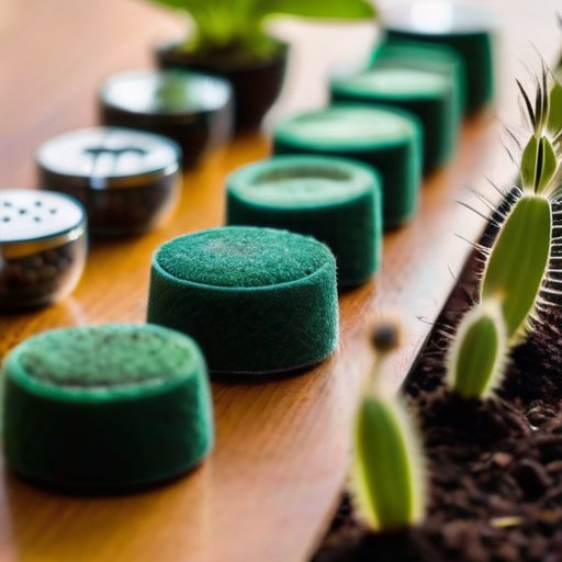 Близкий план торфяных таблеток с садовыми инструментами и семенами на деревянной поверхности.