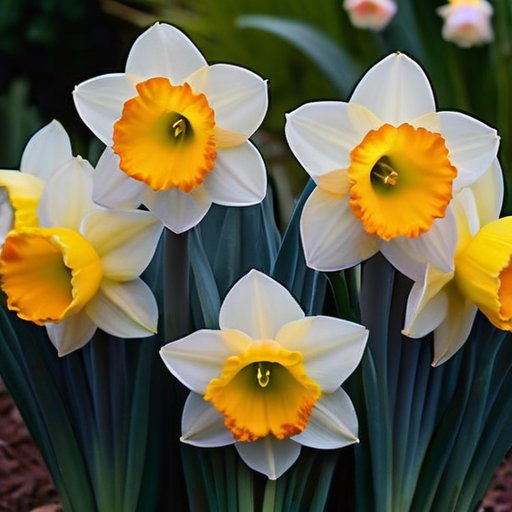 Яркий сад с разнообразными нарциссами в разных цветах и зелеными листьями.