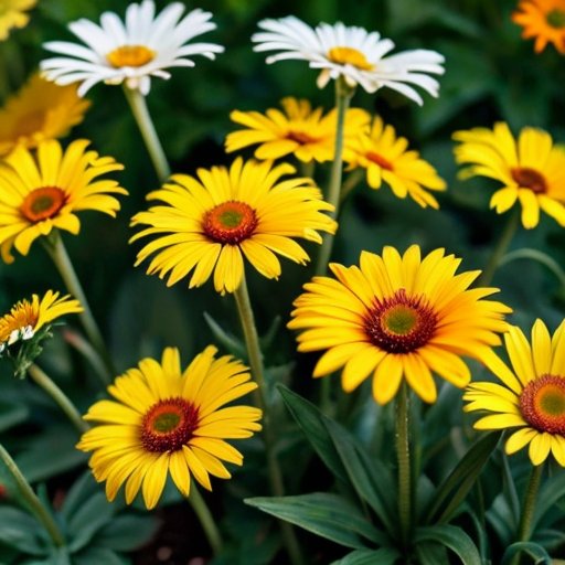 Яркий сад с разнообразными цветами, напоминающими ромашки.