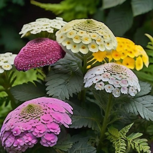 Сад с различными видами тысячелистника на фоне мягкого солнечного света.