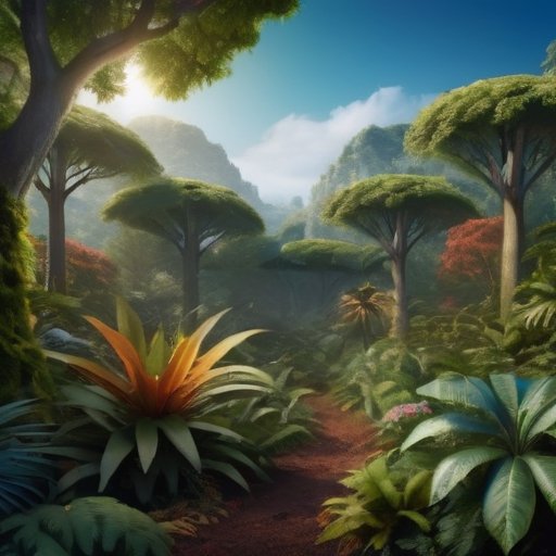 Пышная экосистема с разнообразными растениями и деревьями, многослойныеhabitats, яркий лесной пол, кроны деревьев и ясное голубое небо.