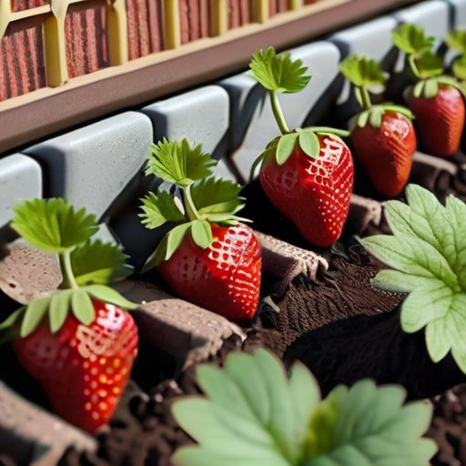 Яркий сад клубники с ухоженными растениями, инструментами и органическими удобрениями.