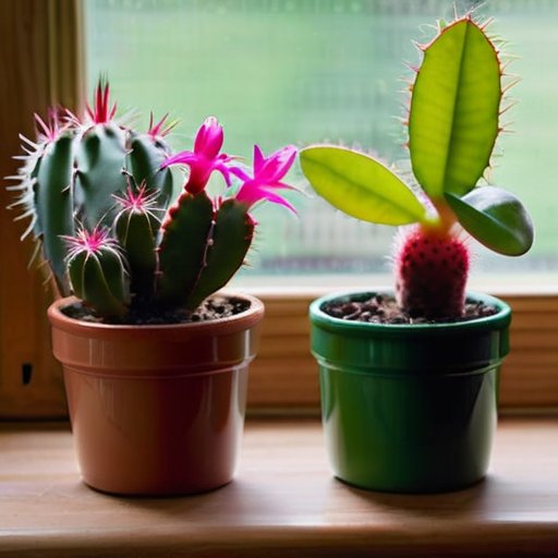Яркая сцена с indoor-садом: здоровый рождественский кактус с зелеными листьями и цветами, окно с мягким светом, стол с инструментами для садоводства и черенками