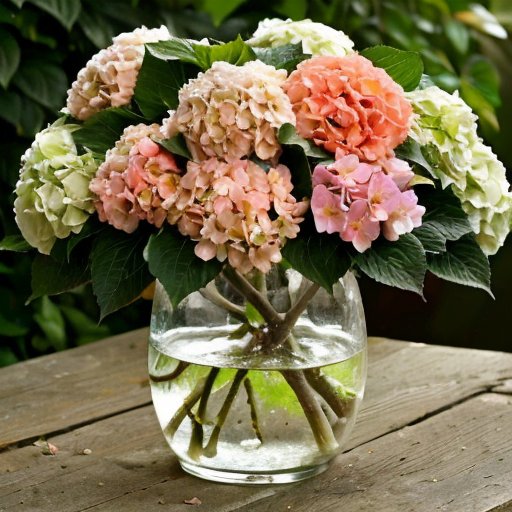 Сад с гортензиями, укореняющимися в воде и почве, с инструментами для садоводства.