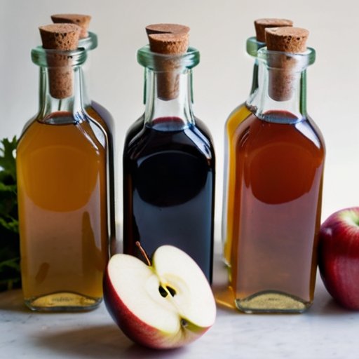 Рустикальный кухонный стол с бутылками уксуса и свежими ингредиентами.