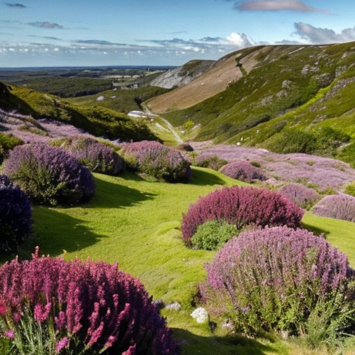 Цветущий вересковый ландшафт с яркими растениями, холмами и ясным небом.