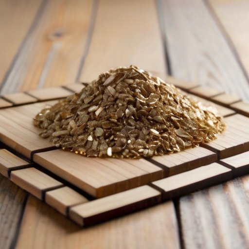 Золотистые гранулы вермикулита на деревянной поверхности с элементами сельского хозяйства, строительства и промышленности.