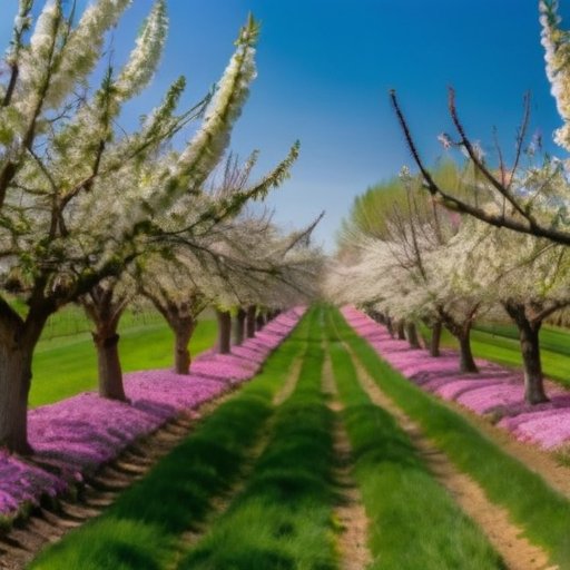 Весенний сад с цветущими деревьями и распылителями, яркие листья и цветы на фоне голубого неба.