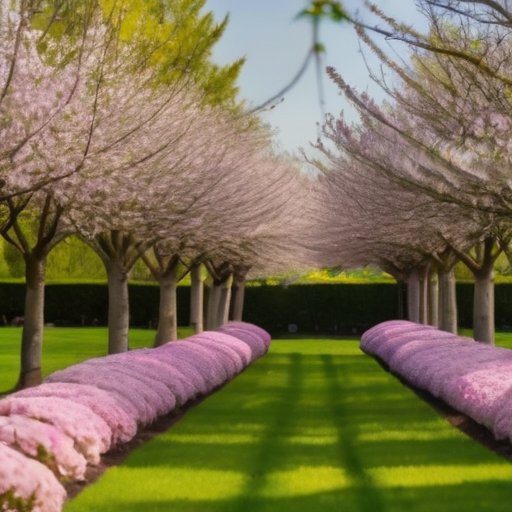 Солнечный весенний пейзаж с цветущими деревьями и оборудованием для ухода за растениями.