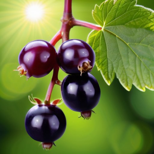 Чёрная смородина в весеннем саду с зелеными листьями и цветами, рядом средства защиты растений.