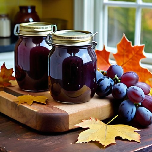 Уютная кухня с банками виноградного варенья, бутылками с соком и свежими виноградом, окруженная осенними листьями.