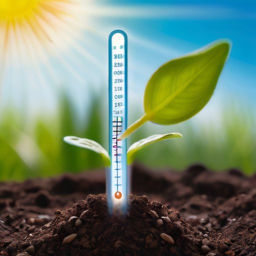 Саженец, прорастающий из земли, окружённый семенами и почвой, с линейкой, каплями воды и термометром в солнечном саду.