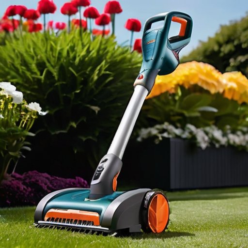 Современный аккумуляторный триммер на ухоженном газоне, окружённом цветниками.