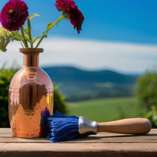 Деревянный стол с бутылкой бордоской жидкости, мешком медного купороса и садовыми инструментами на фоне зелени и голубого неба.