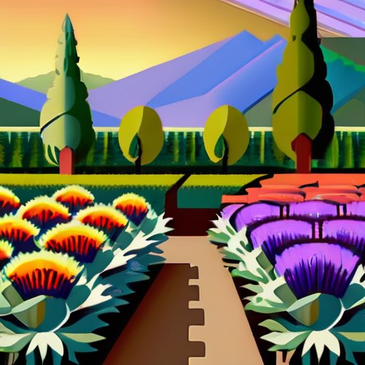 Цветущий сад с здоровыми артишоками и инструментом для ухода.