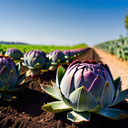 Солнечный огород с артишоками, здоровые растения, инструменты для сада.