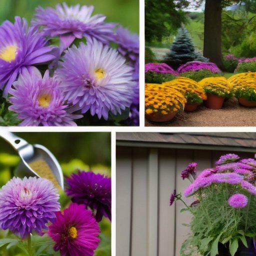 Яркий сад с цветущими астрами, садовые инструменты и упаковки семян.